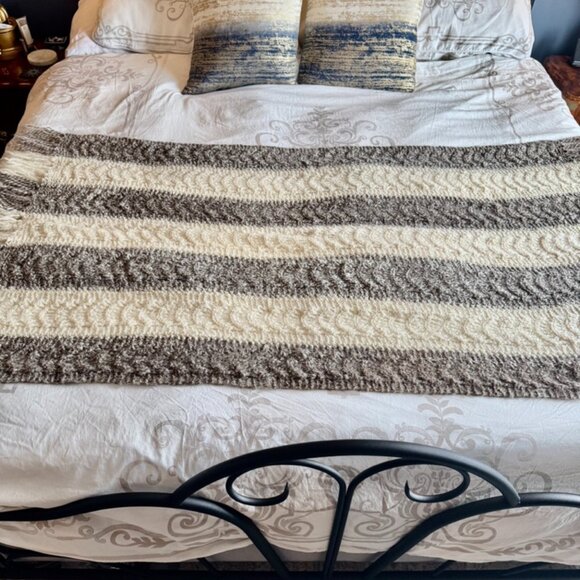 Vintage Wool Brown and Cream Striped Throw Blanket - Picture 5 of 9